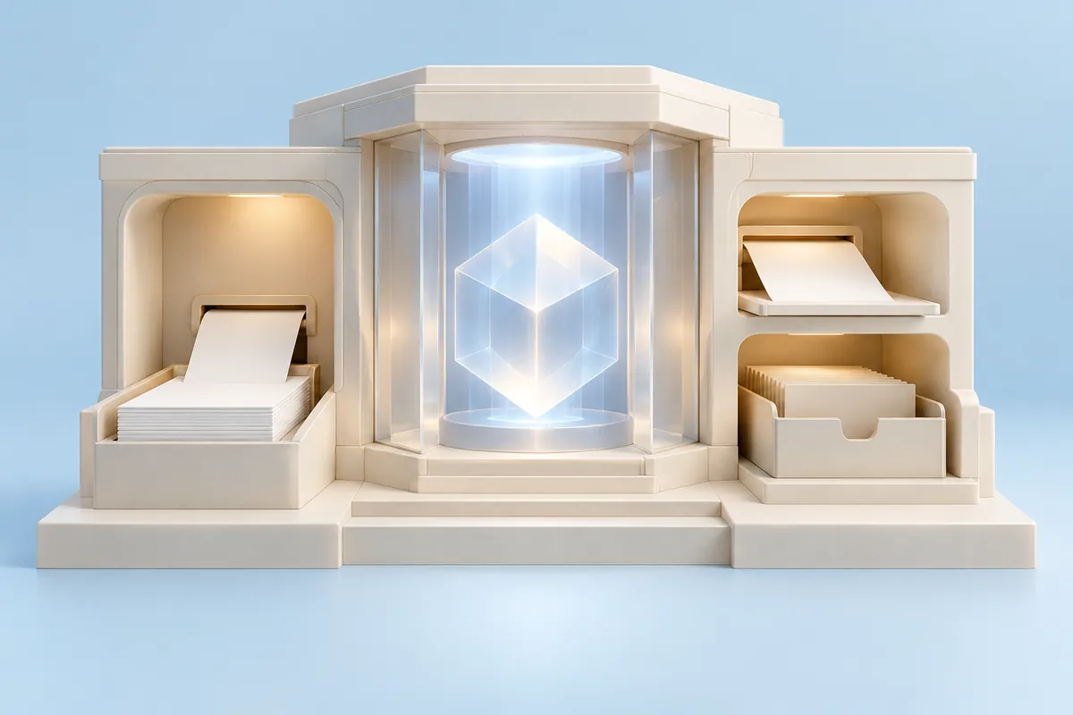 Editorial illustration: A cutaway processing pavilion with an input tray, reasoning core, fresh output and archive.