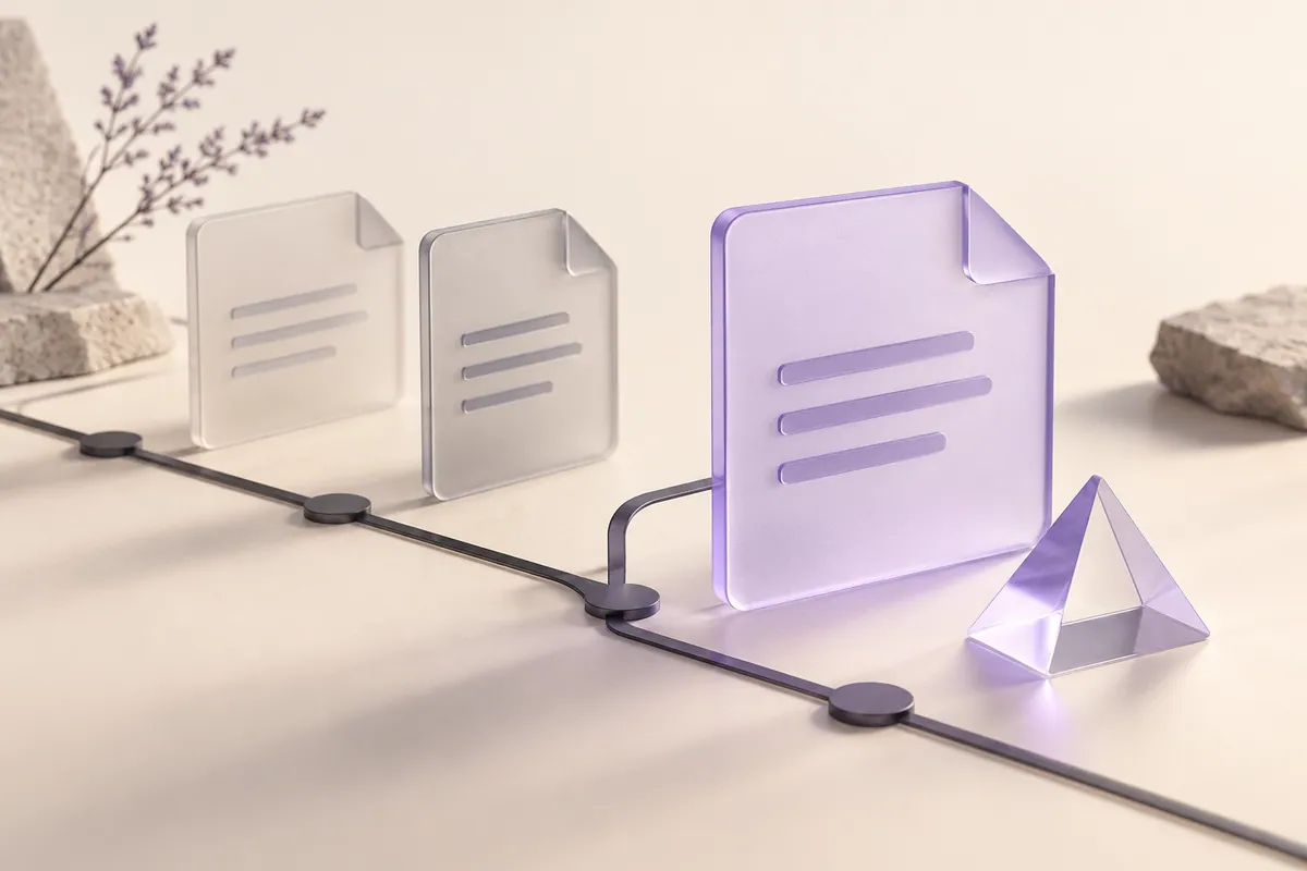 Editorial illustration: Document versions along a branching timeline, illustrating prompt changes and testing.