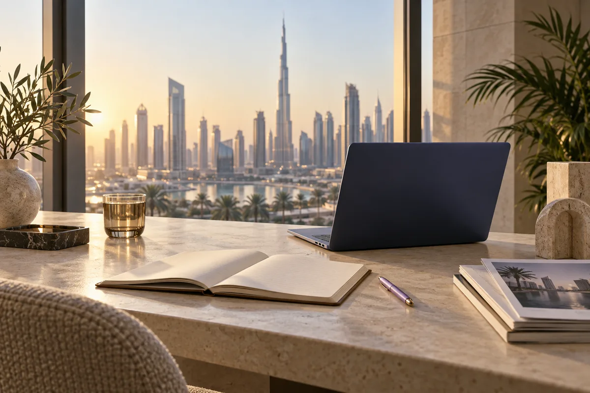 Illustrated workspace with a notebook and laptop overlooking a Dubai-inspired skyline