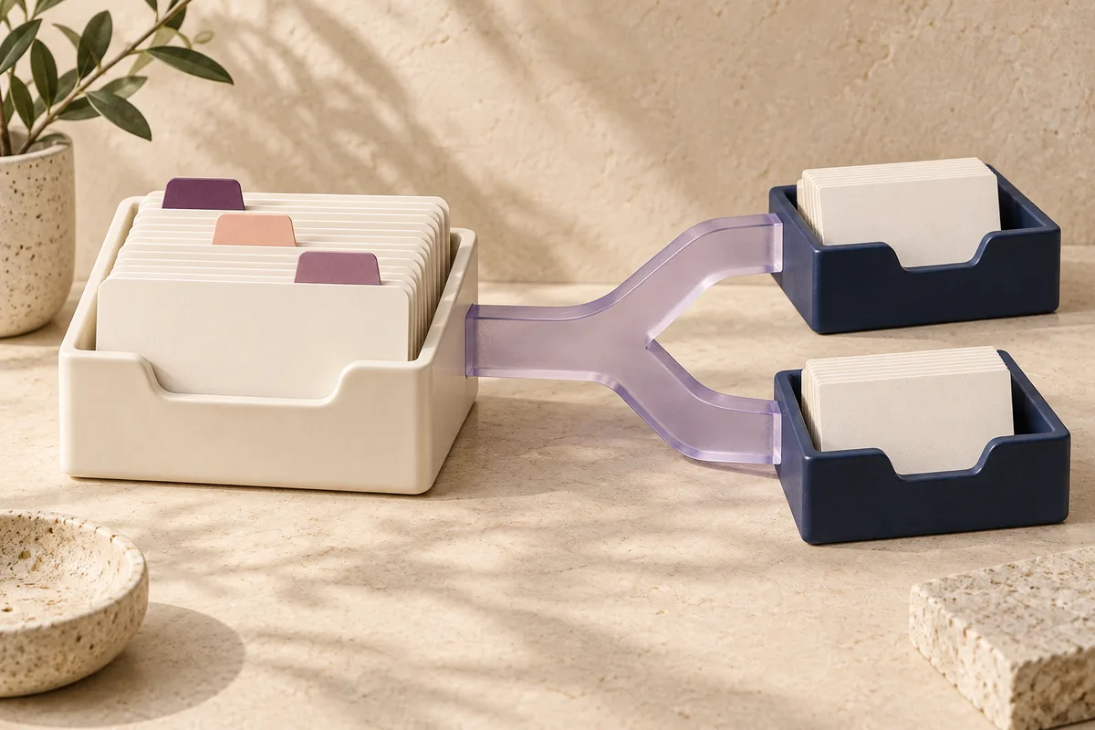 Contact cards routed from an organizer into two trays, illustrating lead qualification