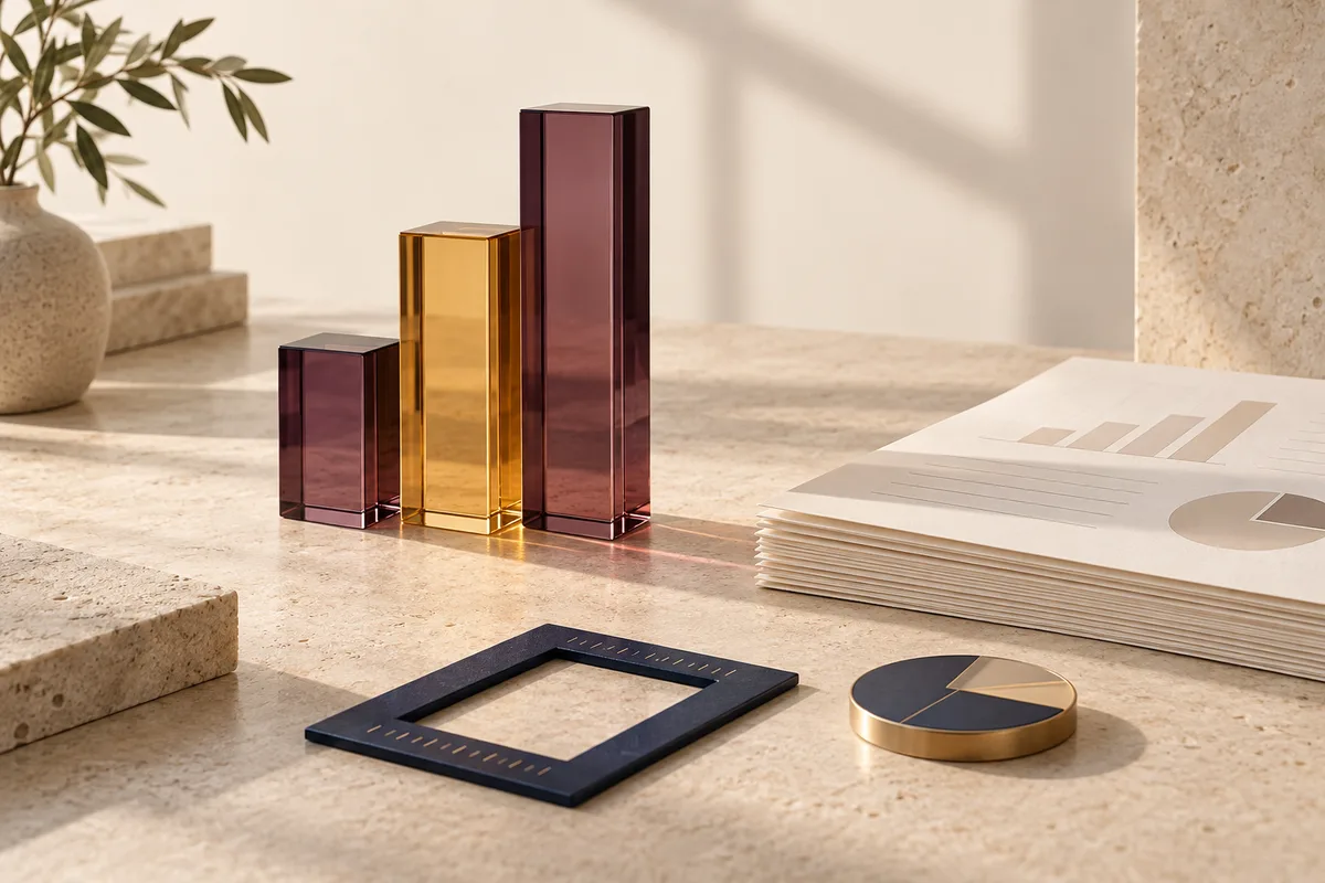 Glass columns, report sheets and measuring tools illustrating marketing analysis