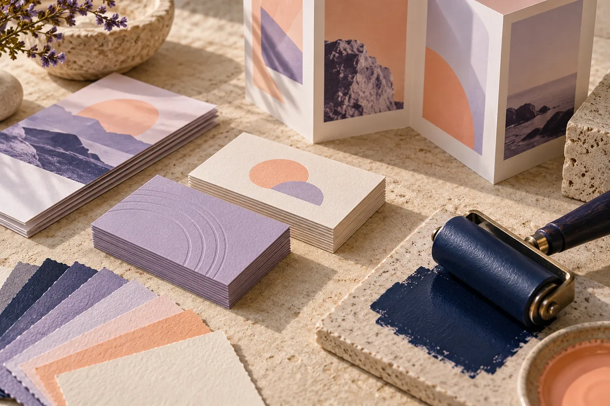 Paper swatches, business cards, brochures and an ink roller illustrating print marketing