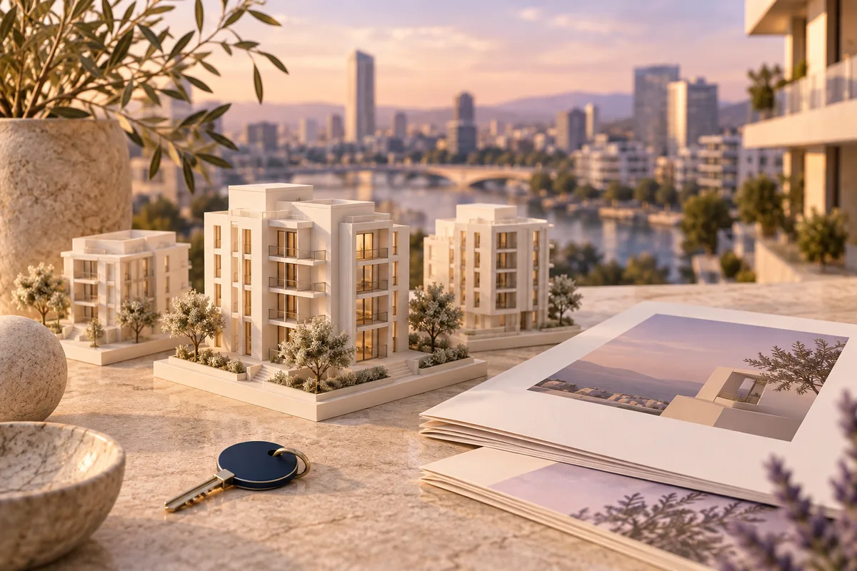 Architectural building models, a key and brochures illustrating property marketing
