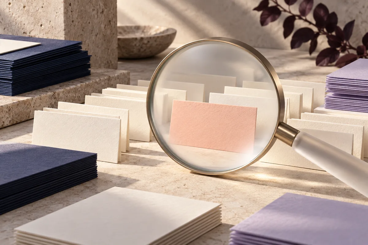 Magnifying lens highlighting a card among organized research documents